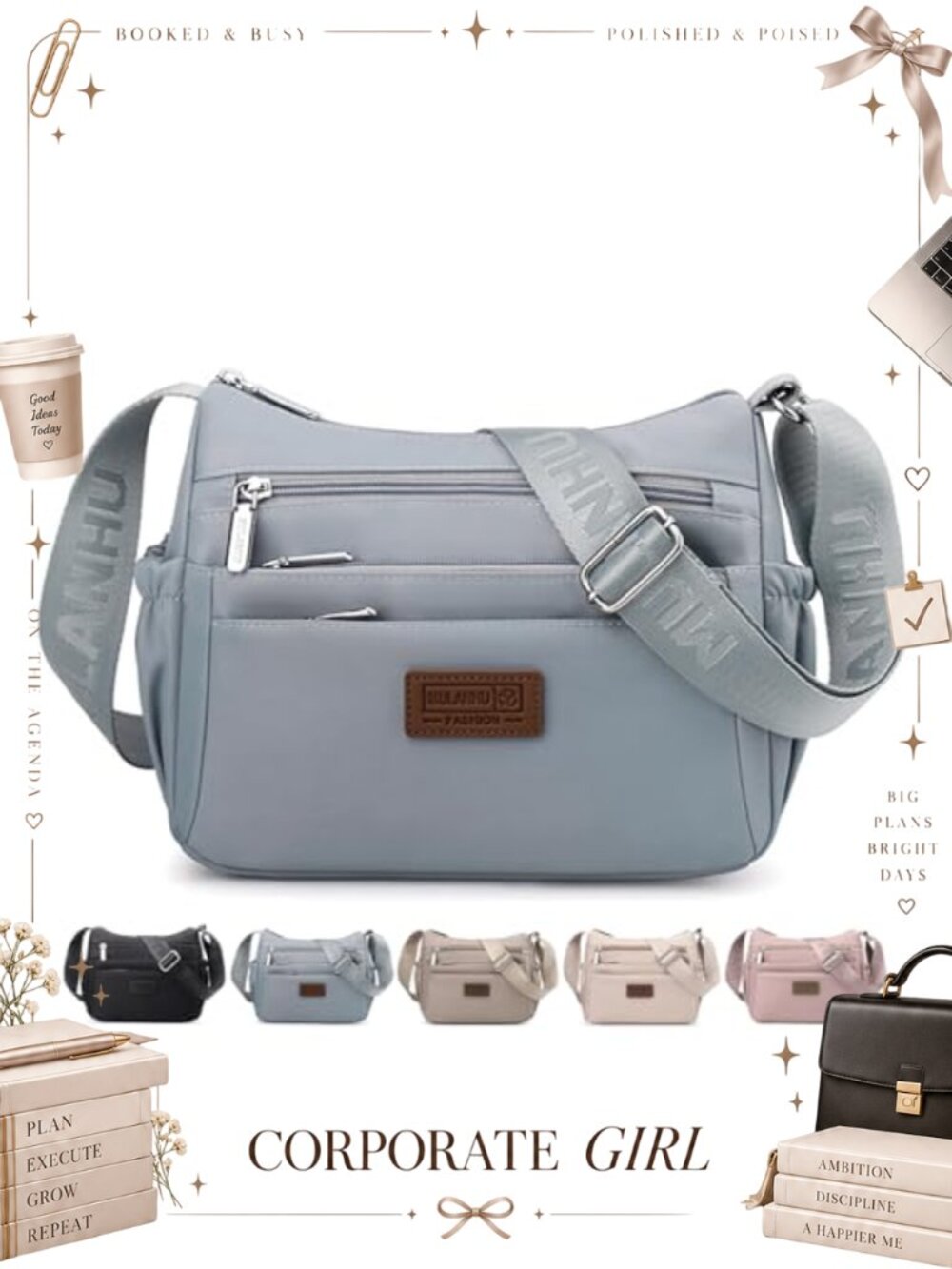 Nylon Crossbody Bag Lightweight Shoulder Purse Water-Resistant Multi-Pocket
